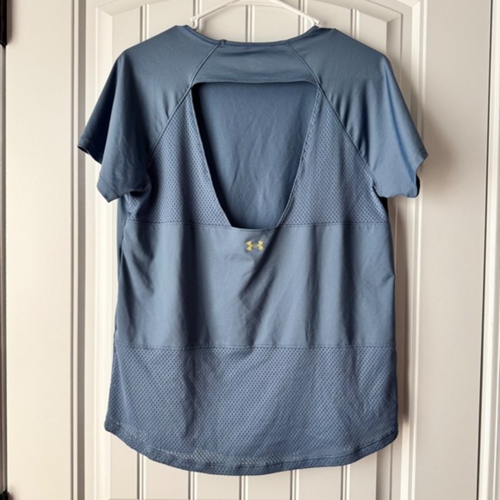 Under Armour Womens Blue Mesh Panel Open Back Short Sleeve Workout‎ Top Large - Picture 4 of 9